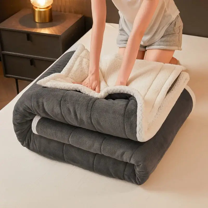 A plush dark gray and cream-colored mint and cream quilted coral fleece winter blanket by decorbites cozy