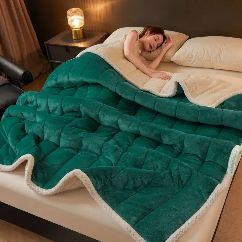 Emerald green quilted coral fleece winter blanket with plush white sherpa lining and stitched diamond pattern by decorbites cozy