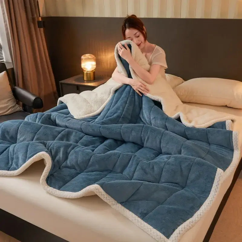 Mint and cream quilted coral fleece winter blanket with soft plush texture from decorbites cozy fleece winter blanket collection