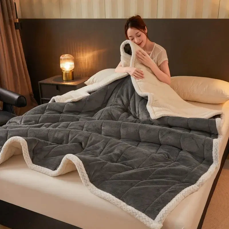 A cozy gray and cream quilted coral fleece winter blanket with plush soft texture by decorbites cozy