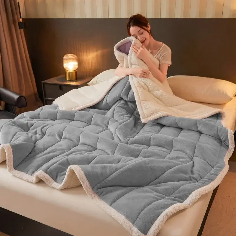Soft gray quilted coral fleece winter blanket with plush white fleece lining by decorbites cozy for bedroom bedding