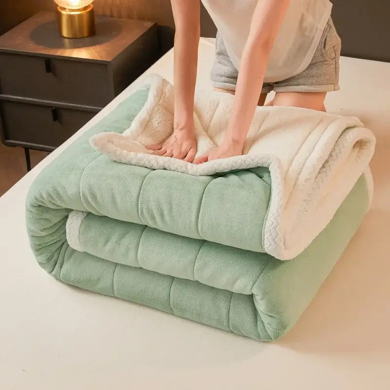 Soft mint green and cream decorbites cozy coral fleece winter fleece winter blanket with quilted design and plush lining