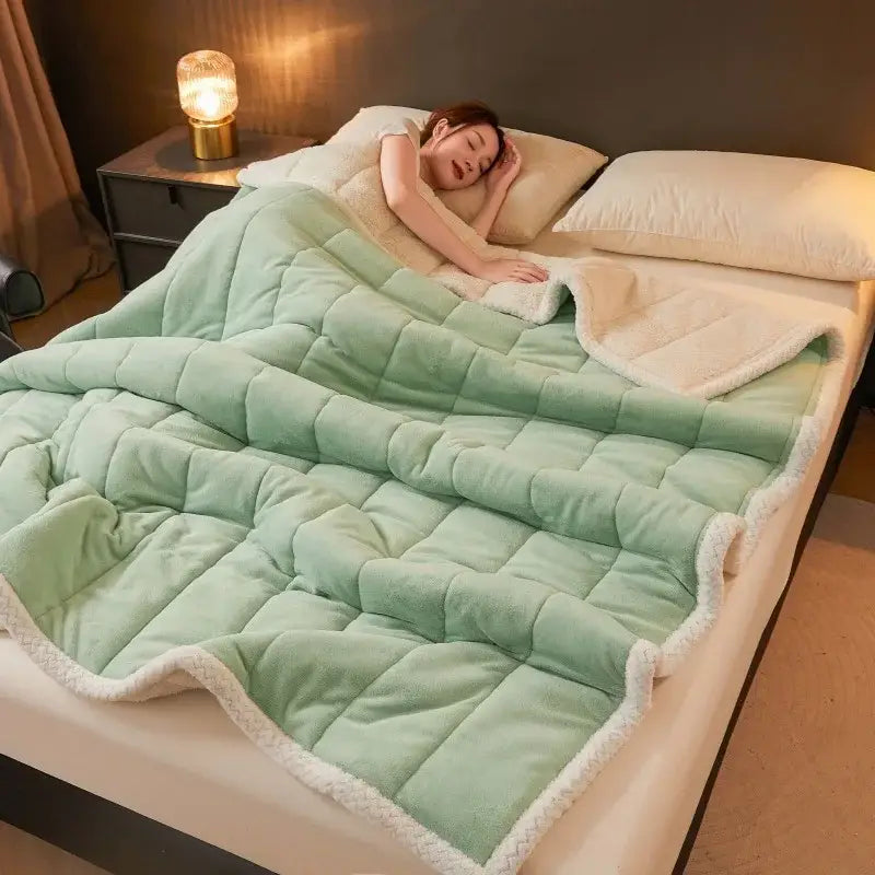 Soft mint green quilted coral fleece winter blanket with plush white fleece border by decorbites cozy