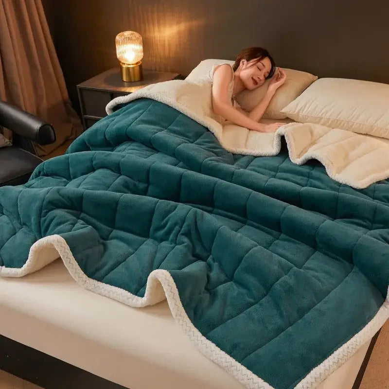 Teal quilted coral fleece winter blanket with plush cream sherpa lining and stitched border by decorbites cozy