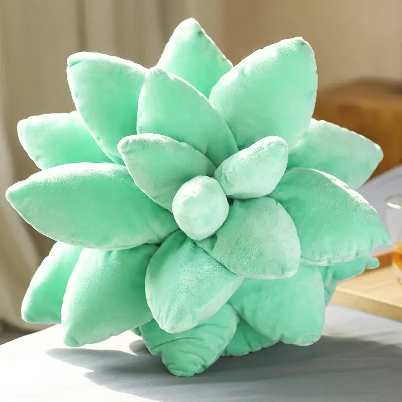 Mint green succulent cactus pillow with plush layered leaf details ideal for living room comfort and decor