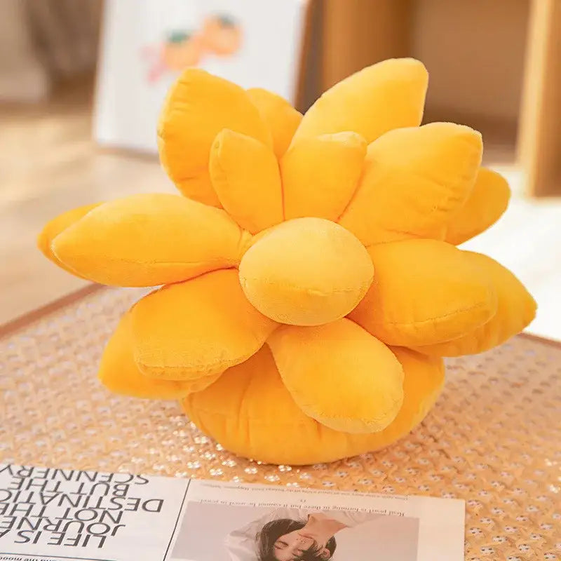 Bright yellow plush flower pillow with soft rounded petals complements the mint green 3d succulent cactus pillow