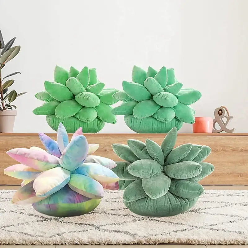 Plush mint green 3d succulent cactus pillow in velvety fabric with soft green and pastel tie-dye hues for living room decor