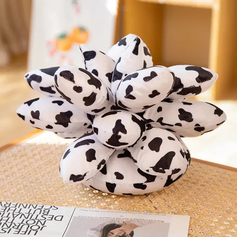 Mint green 3d succulent cactus pillow featuring a plush cow-print design with soft white fabric and black spots