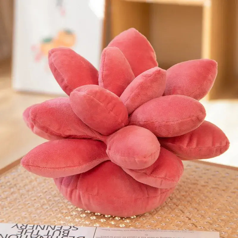 Plush pink succulent cactus pillow with soft velvety petals and a rounded base for living room decor