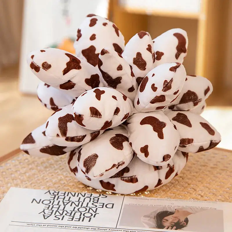 White and brown cow print plush succulent cactus pillow in mint green 3d design for living room cushion