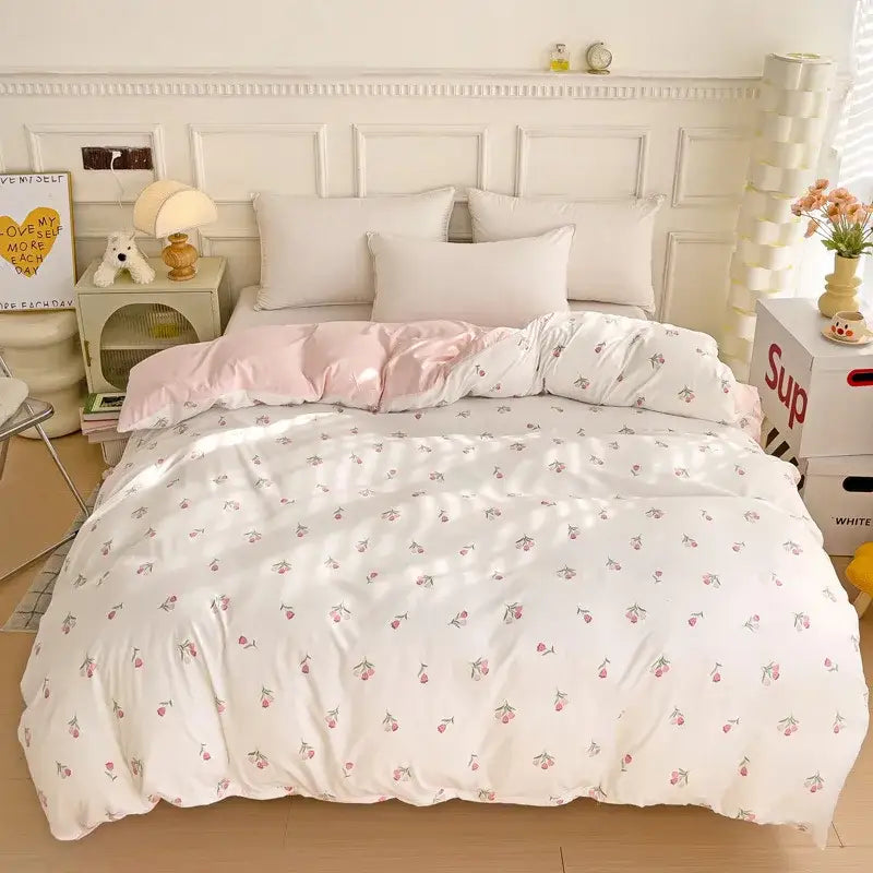 White duvet cover with delicate cherry print in soft pink and green featuring a cartoon heart plant design and subtle sheen