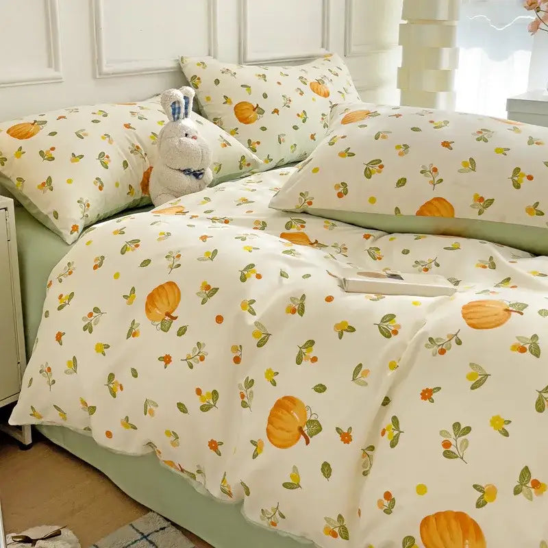 Cream-colored bedding set with playful pumpkin and leaf pattern in orange yellow and green featuring heart plant design