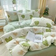 Cozy mint green and cream cartoon heart plant quilt set with soft plush fabric for bedroom bedding