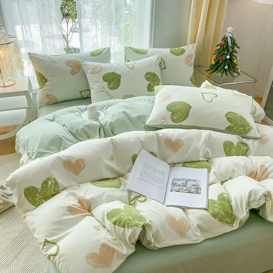 Cozy mint green and cream cartoon heart plant quilt set with soft plush fabric for bedroom bedding