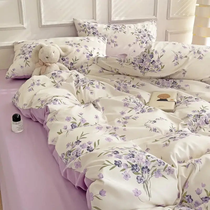 Soft lavender and white floral quilted comforter set with delicate blossoms for mint green and cream cartoon heart plant bedding