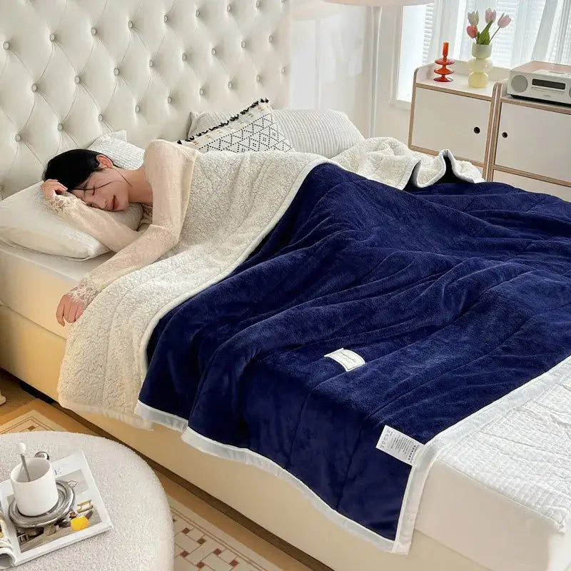 Deep navy plush blanket with soft cream fleece lining and white trim for decorbites cozy imitation lamb’s wool decor