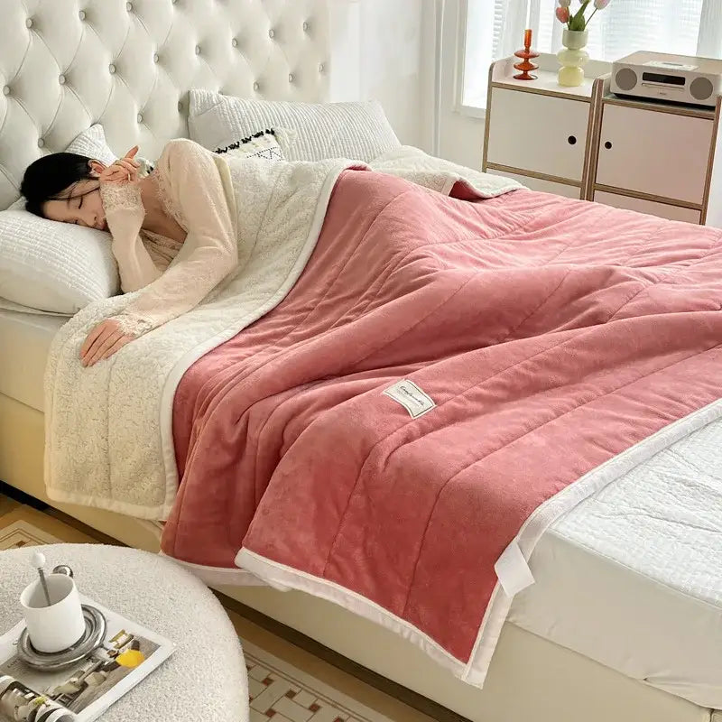 Pink and cream two-sided plush quilt blanket with soft cozy texture made of decorbites cozy imitation lambs wool