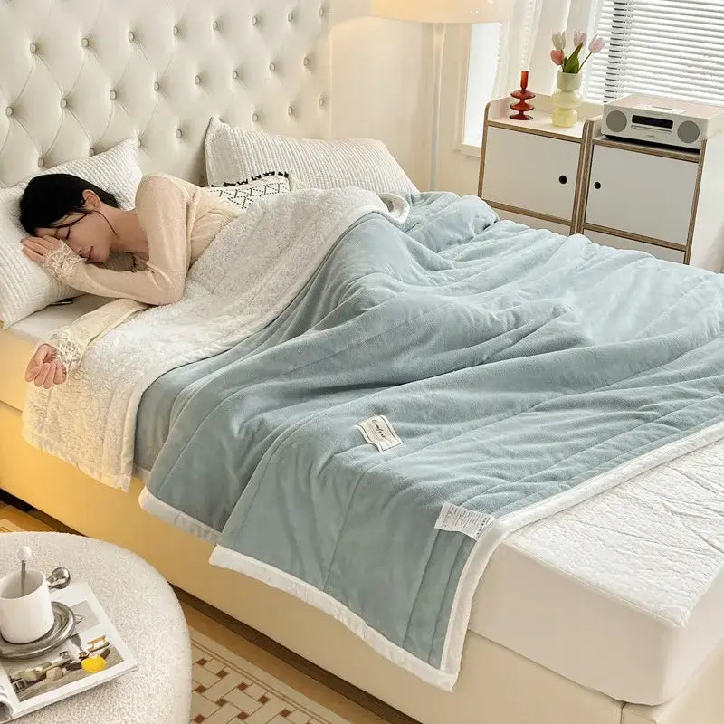 A soft light blue quilted decorbites cozy imitation lamb’s wool blanket with plush texture and white trim edges for bedroom decor