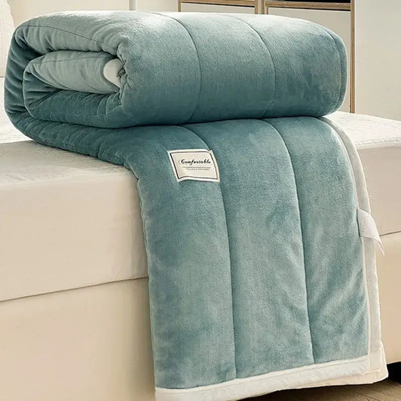 A soft teal mint green and cream imitation lamb’s wool blanket with quilted design and white trim for decorbites cozy decorbites cozy imitation