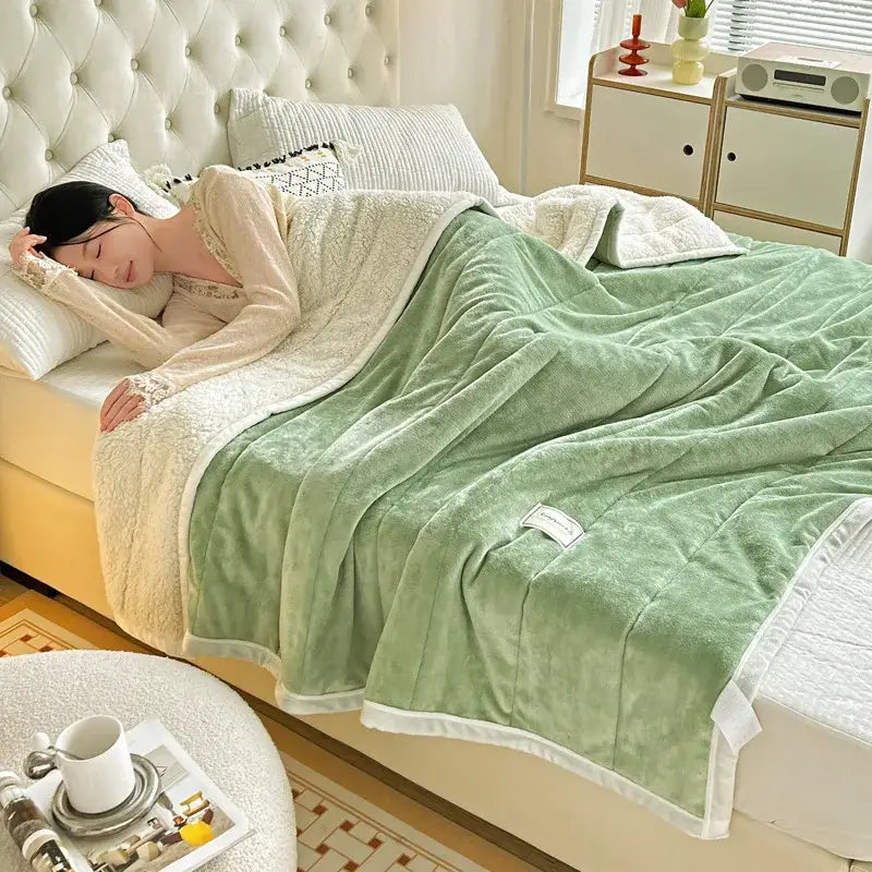 Soft mint green plush blanket with cream fleece border and quilted stitching for decorbites cozy imitation lamb’s wool decor