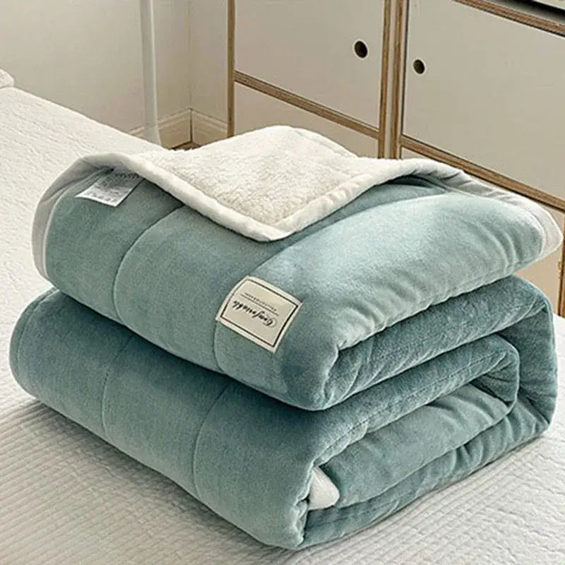 Mint green and cream imitation lambs wool blanket with plush white lining and quilted stitching decorbites cozy design