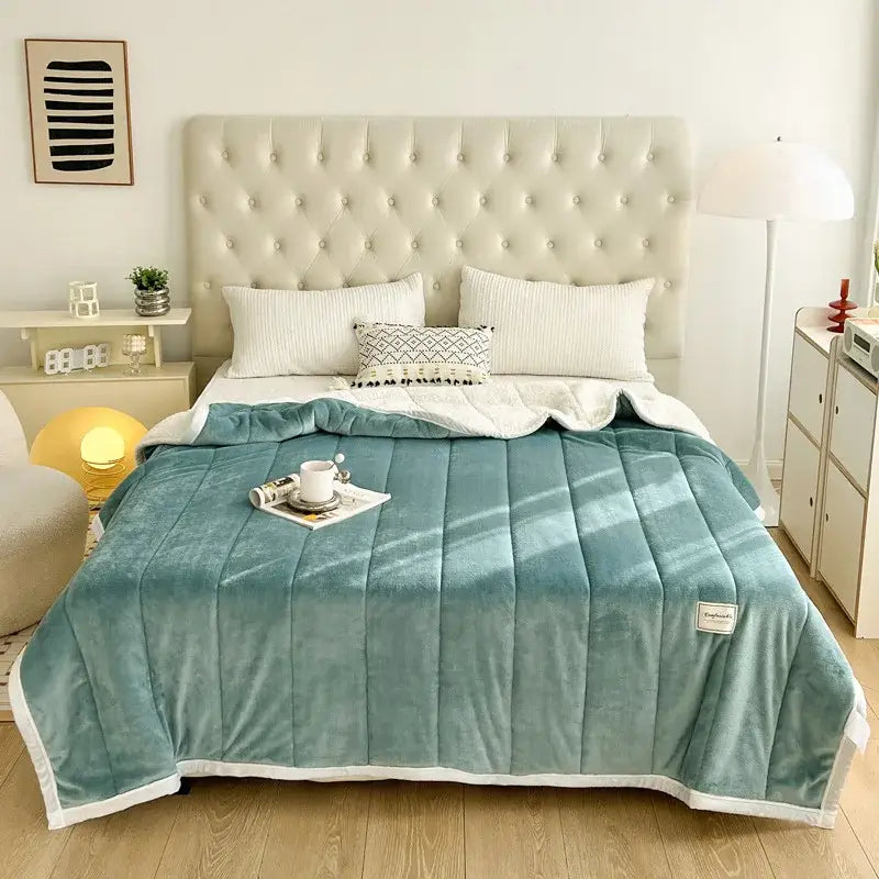Teal plush quilt with white piping and soft velvety texture paired with mint green cream imitation lambs wool decorbites cozy blanket