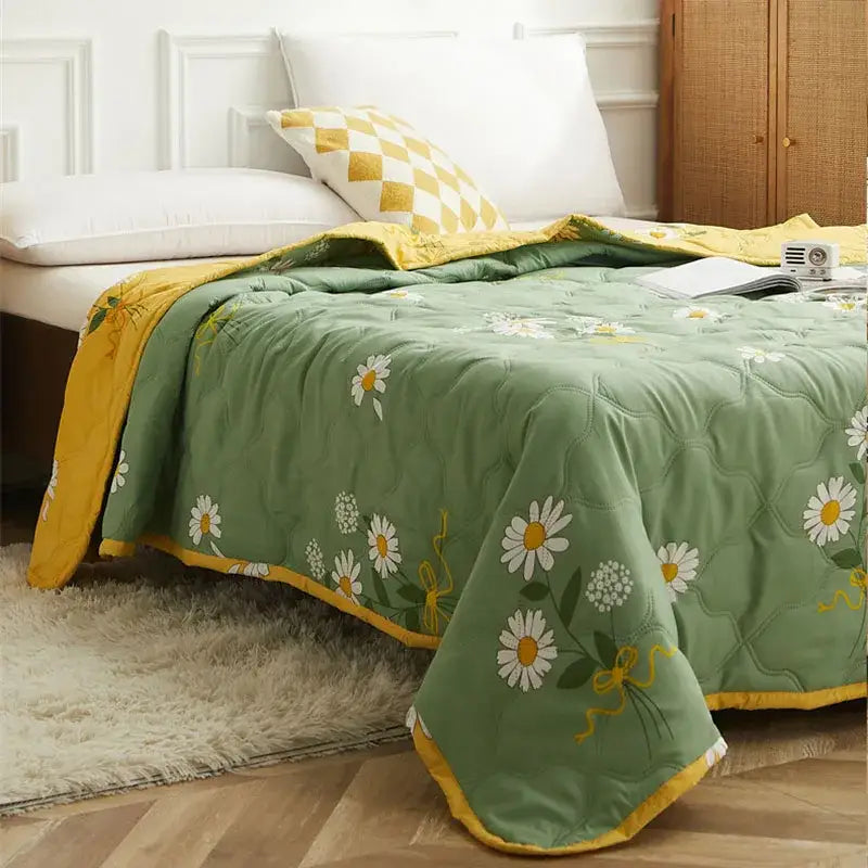 Mint green daisy print quilt set with embroidered flowers and soft textured fabric by decorbites daisy print