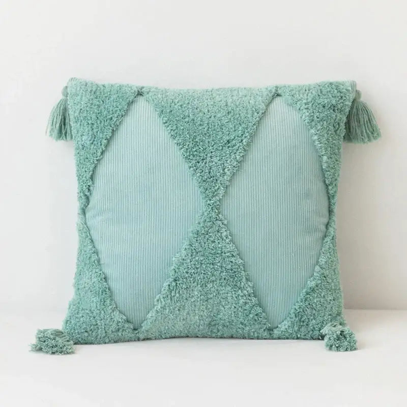 Mint green diamond tassel cushion cover with textured fuzzy border and corduroy panels for living room decor