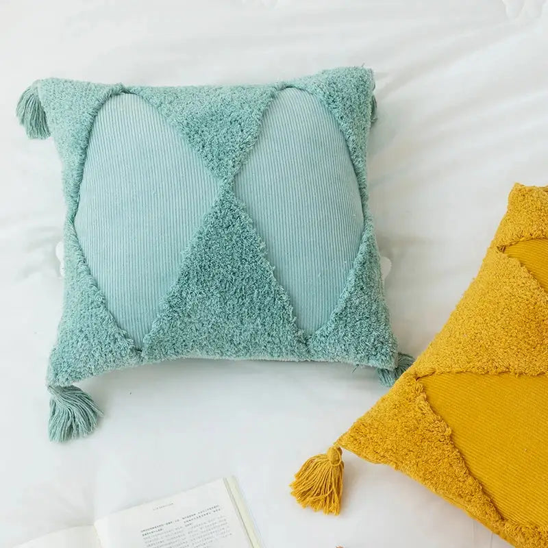 Mint green diamond tassel cushion cover with textured fuzzy border and ribbed corduroy x-shape panels for living room
