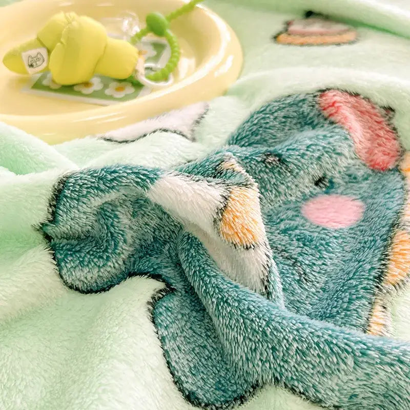 Soft mint green velvet plush blanket with cartoon elephant and dinosaur patterns snowflake for bedroom decorbites decor