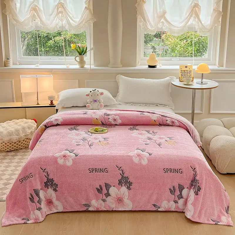 Mint green dinosaur patterns snowflake velvet blanket with pink floral pattern and spring text for bedroom decorbites decor