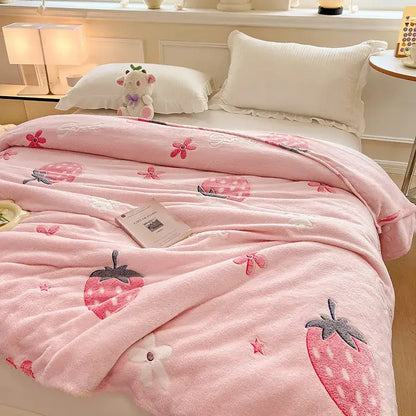 Pink strawberry-themed plush blanket with embroidered strawberries flowers and stars paired with mint green dinosaur patterns snowflake velvet blanket for decorbites dinosaur patterns bedroom decor