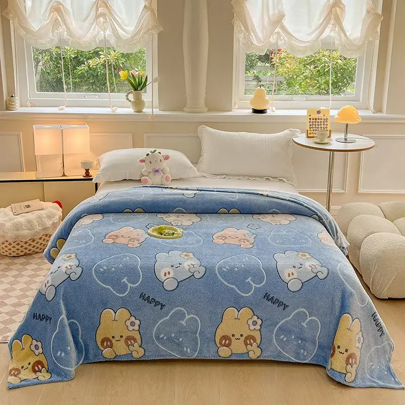 Blue plush blanket with cute cartoon bunnies clouds happy text complementing decorbites dinosaur patterns snowflake design