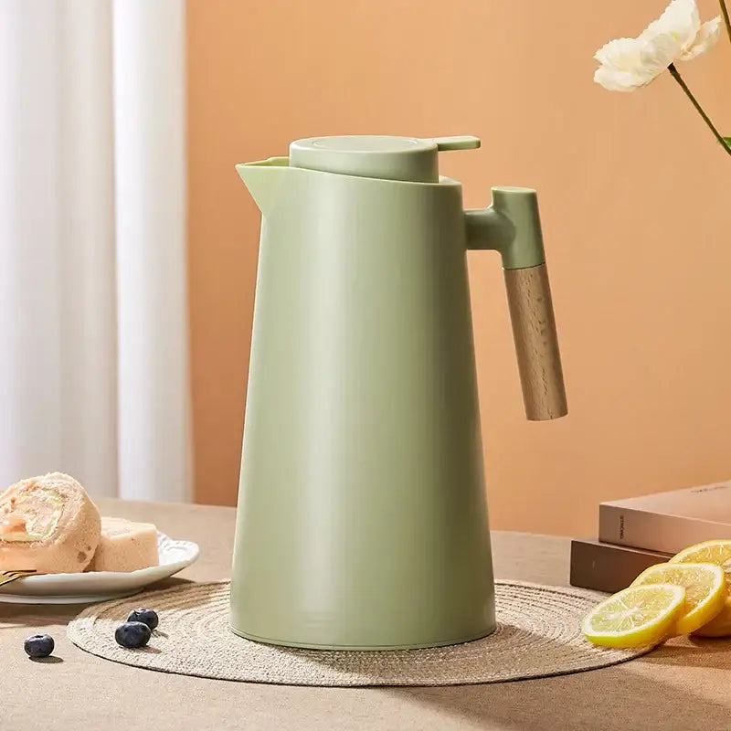 Mint green double glazed thermos kettle kitchen pitcher with wooden handle and matching lid for insulated water storage