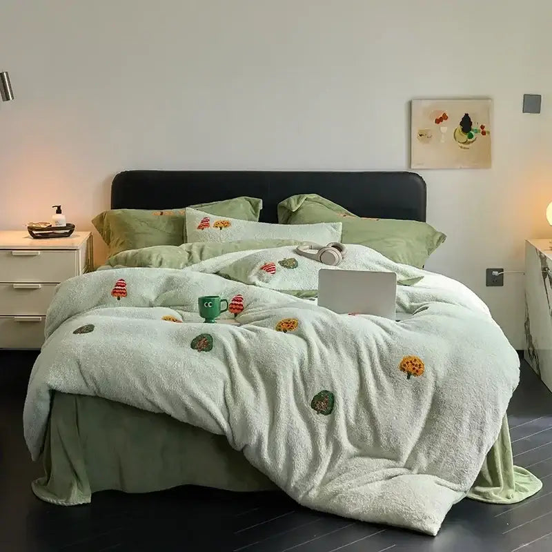 Mint green embroidered matte ant velvet duvet set with soft plush blanket featuring autumn trees and leaves design