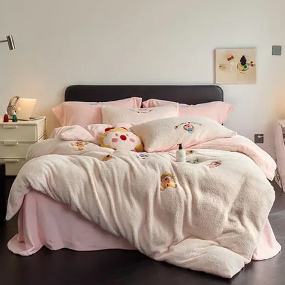 Soft fluffy pink and cream duvet set with cute embroidery made from matte ant velvet for bedroom use