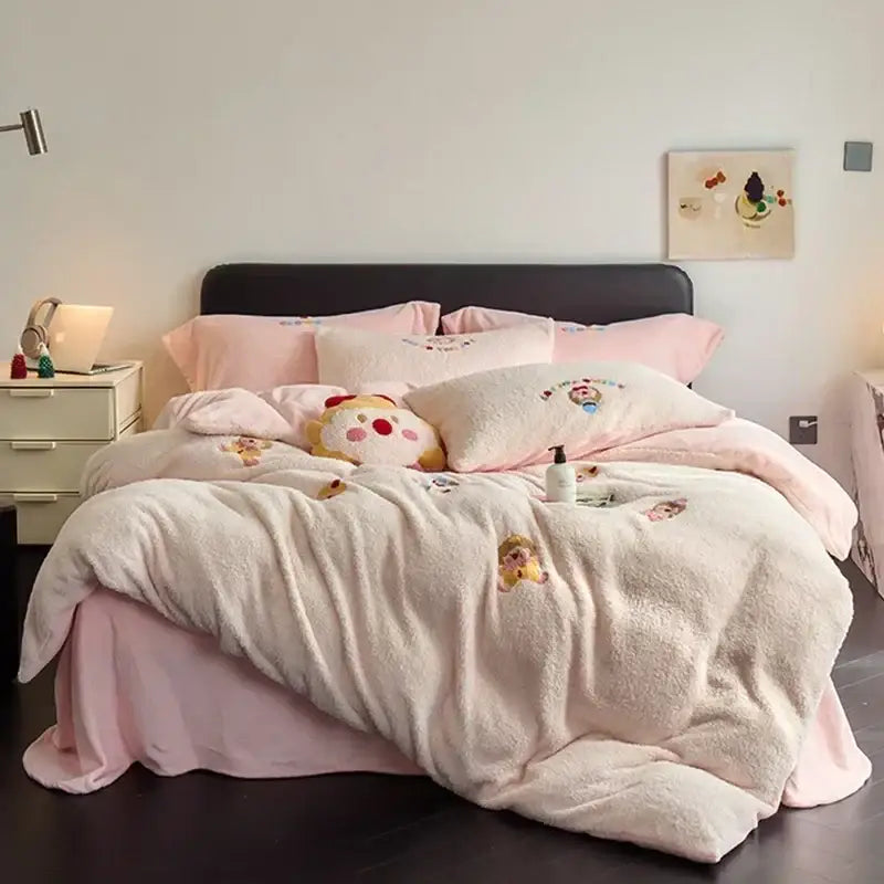 Soft fluffy pink and cream duvet set with cute embroidery made from matte ant velvet for bedroom use