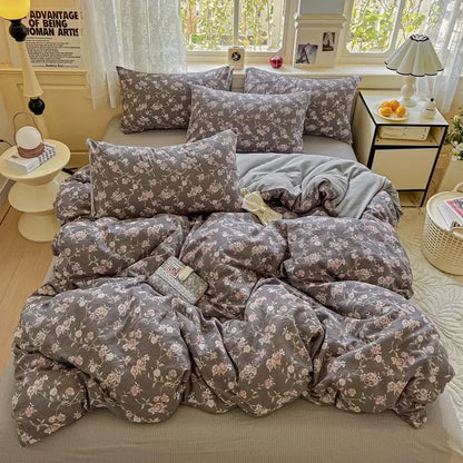 Gray floral duvet cover set with soft textured fabric and delicate pink blossoms for a mint green double layer yarn bedroom