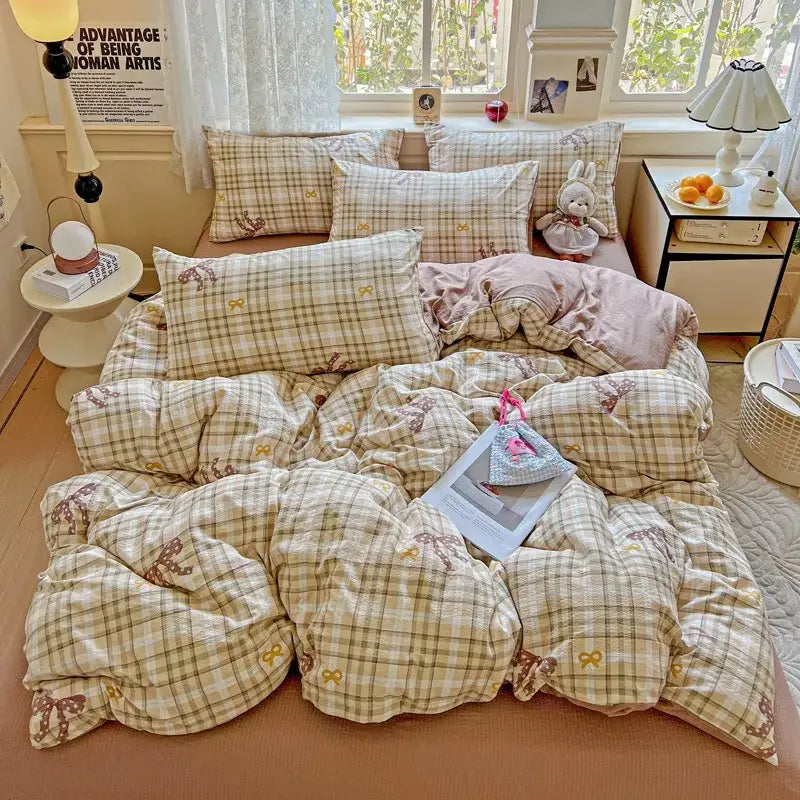 Plush beige and green plaid duvet cover set with embroidered bow patterns in a mint green floral double layer yarn design