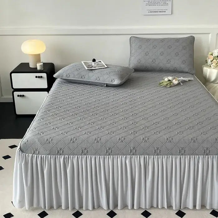 Gray quilted bed skirt set with diamond pattern and ruffled hem for mint green floral bedroom mattress mat
