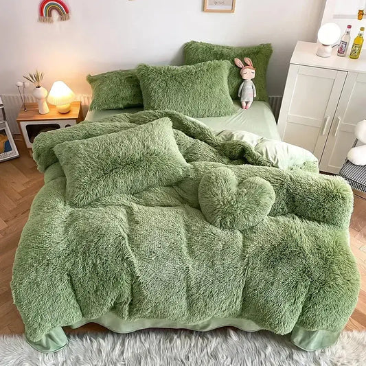 Soft mint green fluffy faux fur bedding set with heart pillow accent from decorbites fluffy faux collection