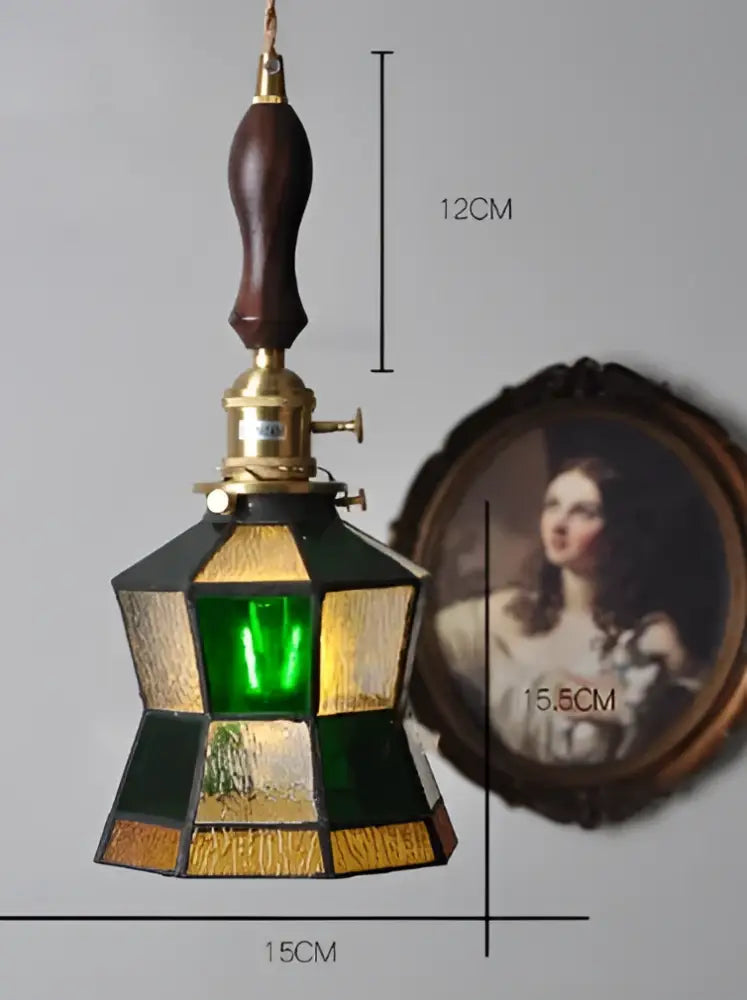 Mint green fluted glass led wall lamp sconce with green and gold stained glass and dark wood handle for bedroom lighting