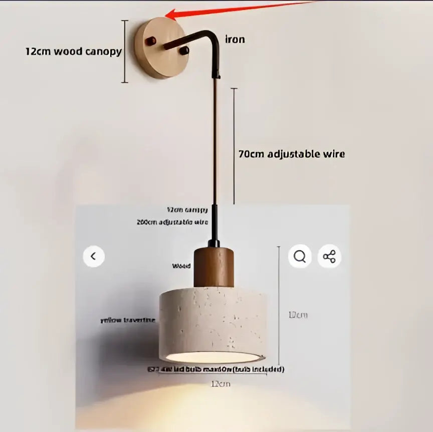 Minimalist wall lamp sconce with 12cm wooden canopy, adjustable iron wire stem, and cylindrical concrete shade