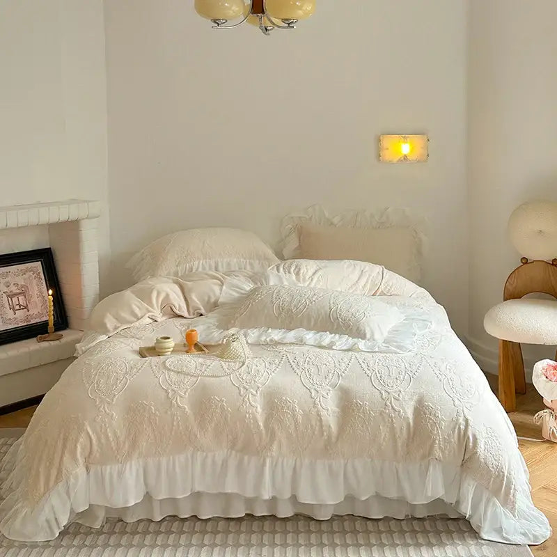 Cream-colored embroidered bedding set with ruffled edges and lace detailing in decorbites french carved velvet style
