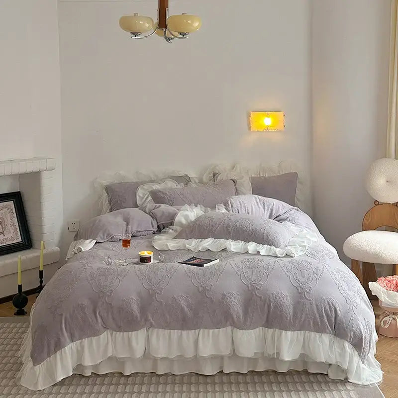 Lavender-colored bedding set with intricate embroidery and white ruffled trim in decorbites french carved velvet style
