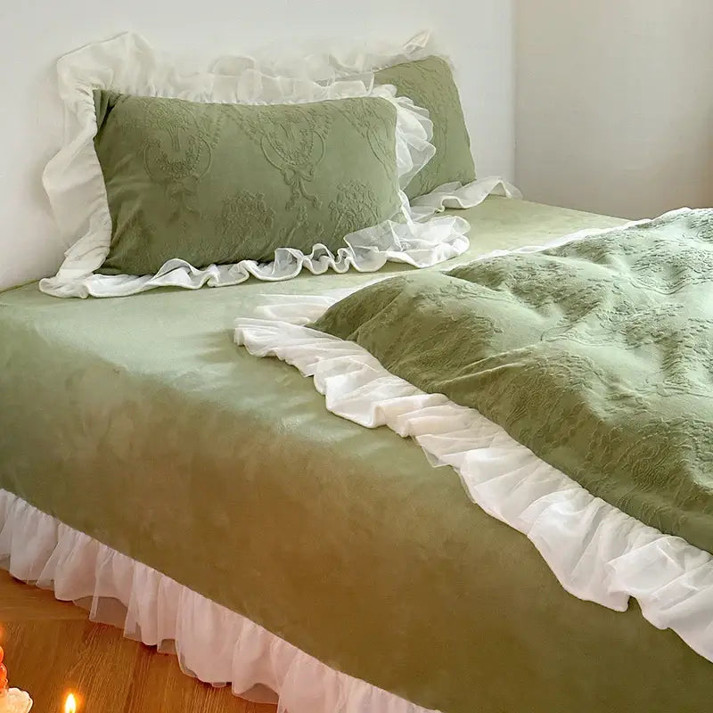 Olive green velvet bedding set with white ruffled trim and embroidered deer pattern by decorbites french carved velvet