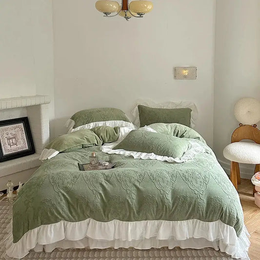 Mint green embroidered bedding set with white ruffled trim in decorbites french carved velvet for elegant bedroom decor