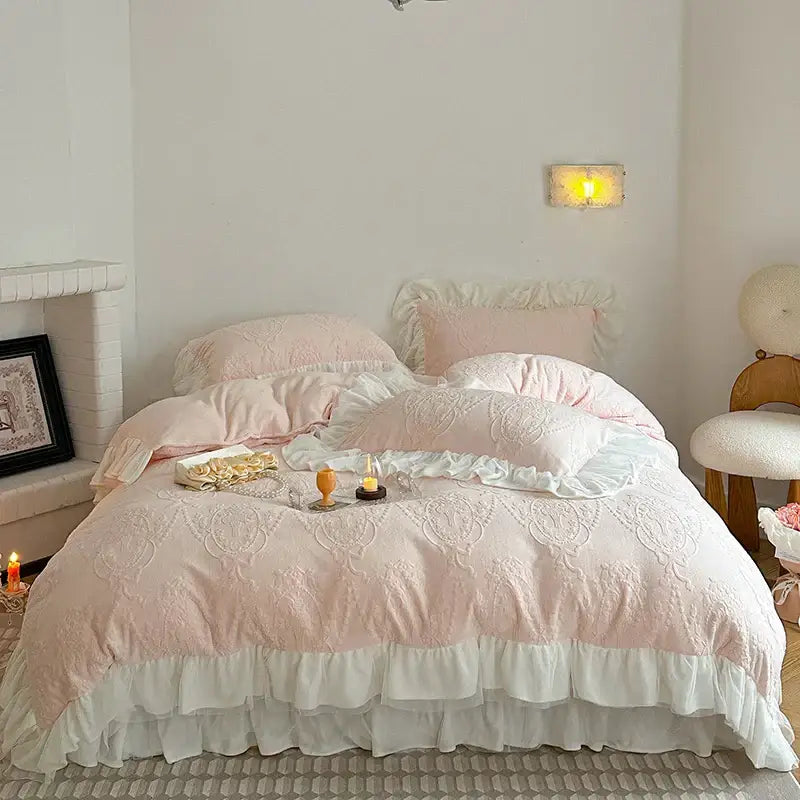 Pink and white ruffled lace bedding set with embroidered floral patterns for decorbites french carved velvet bedroom decor