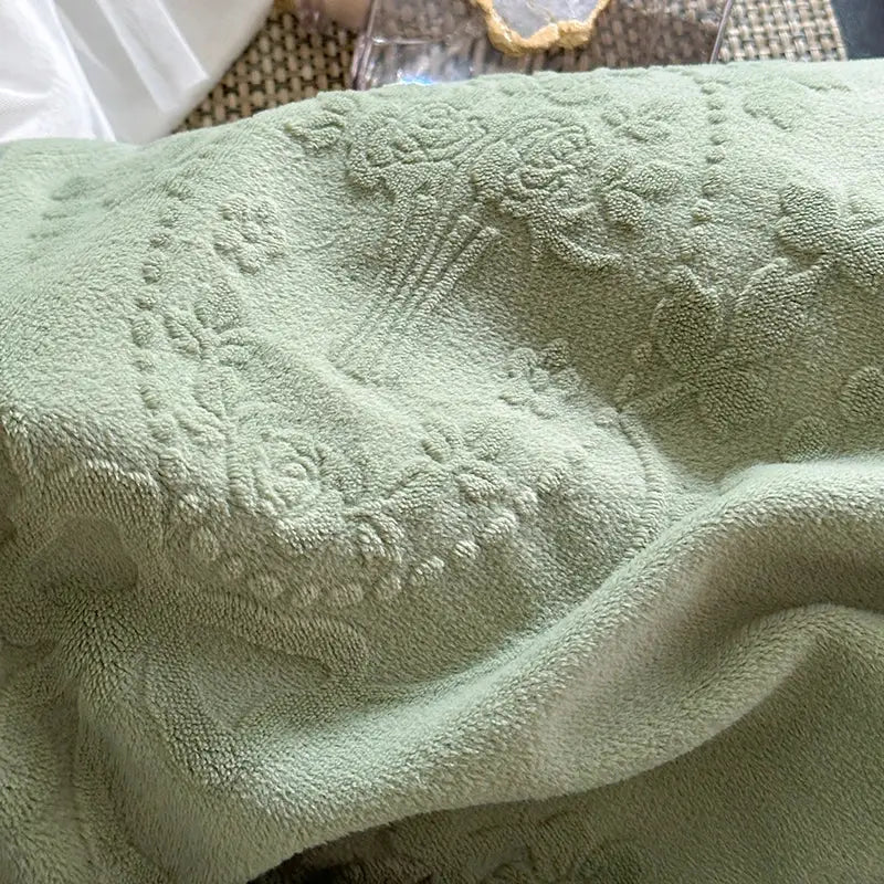 A soft mint green french carved velvet bedding set towel with raised floral and vine pattern for decorbites french carved decor