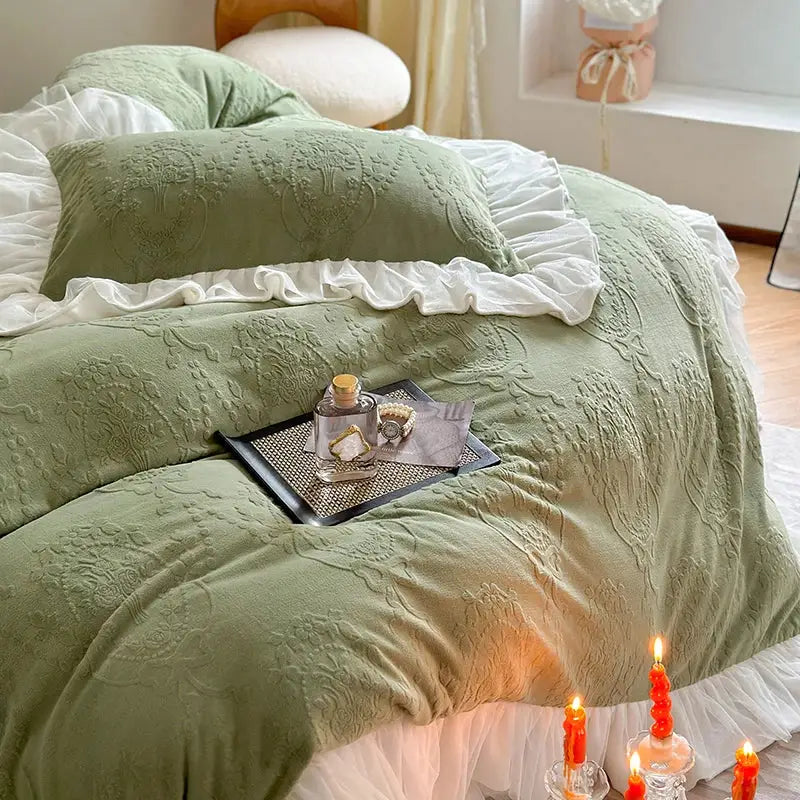 Soft sage green embroidered bedding set with delicate white ruffles in decorbites french carved velvet style